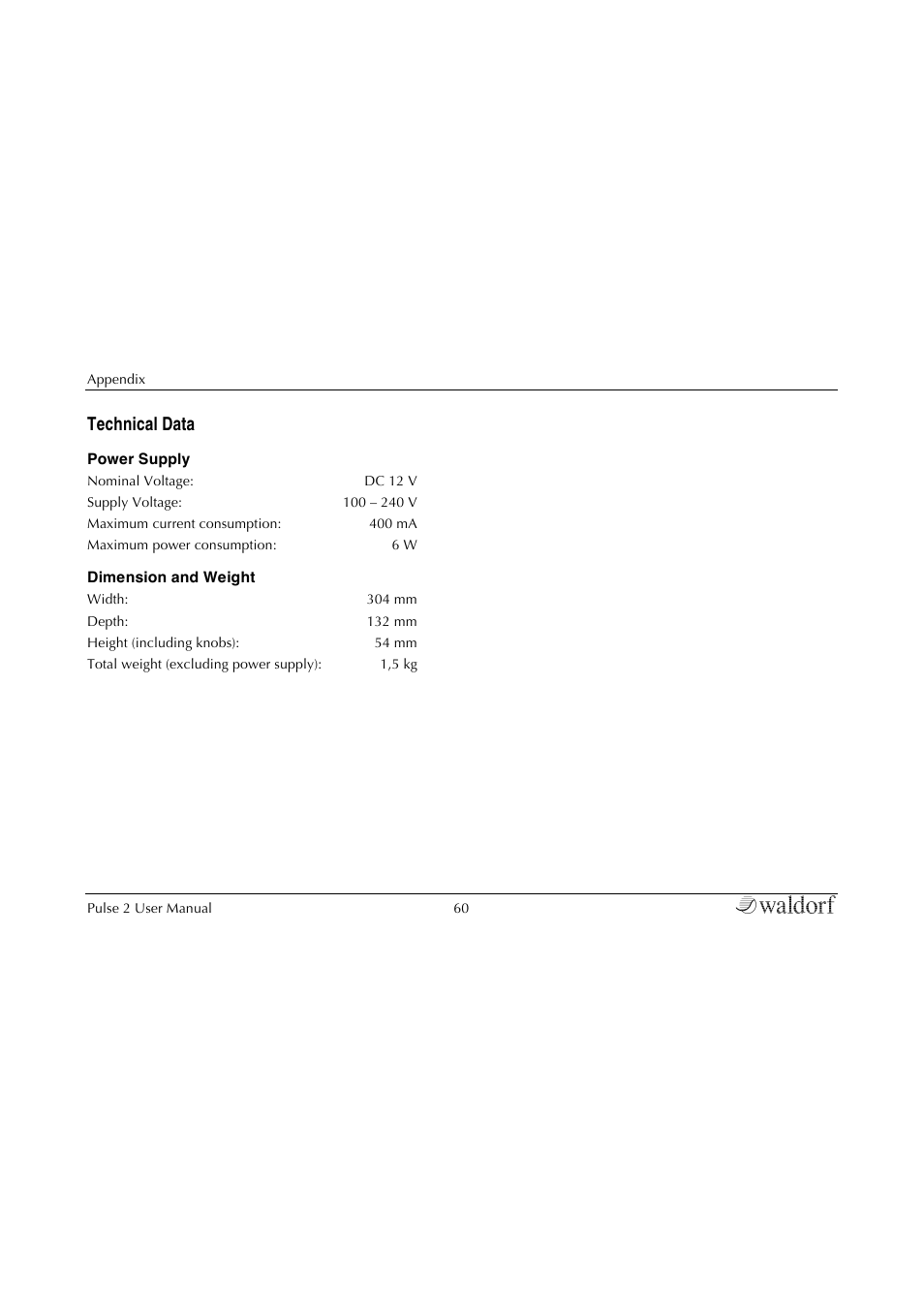 Technical data | Waldorf Pulse 2 User Manual | Page 60 / 73