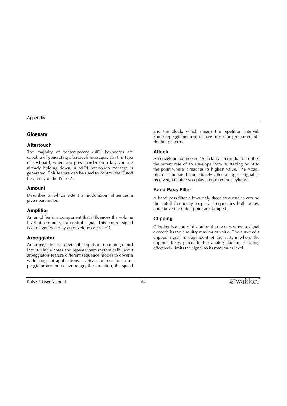 Glossary | Waldorf Pulse 2 User Manual | Page 64 / 73