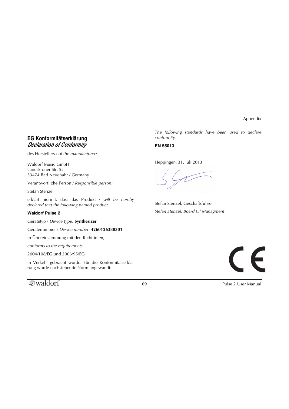 Declaration of conformity, Eg konformitätserklärung declaration of conformity | Waldorf Pulse 2 User Manual | Page 69 / 73