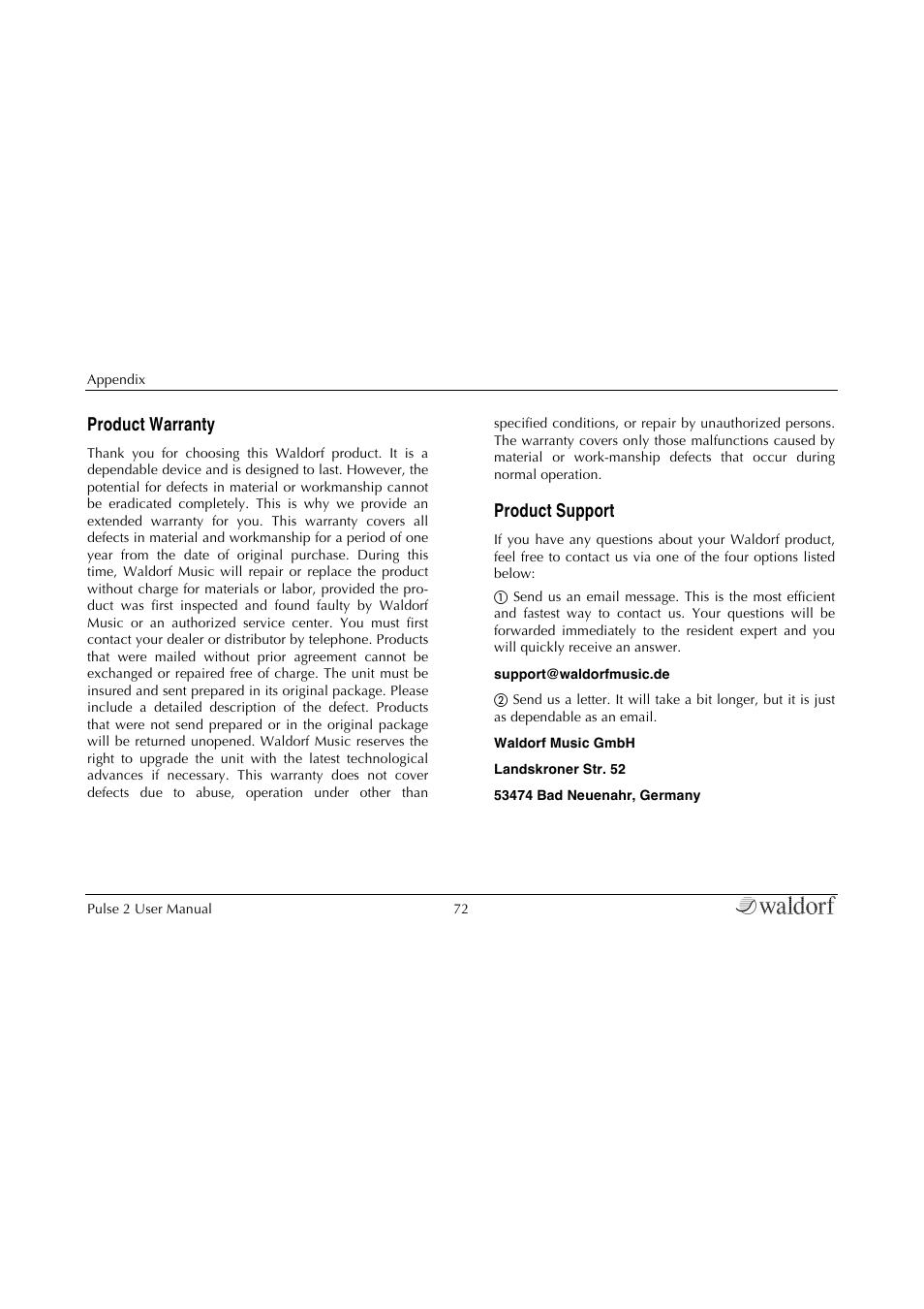 Product warranty, Product support | Waldorf Pulse 2 User Manual | Page 72 / 73