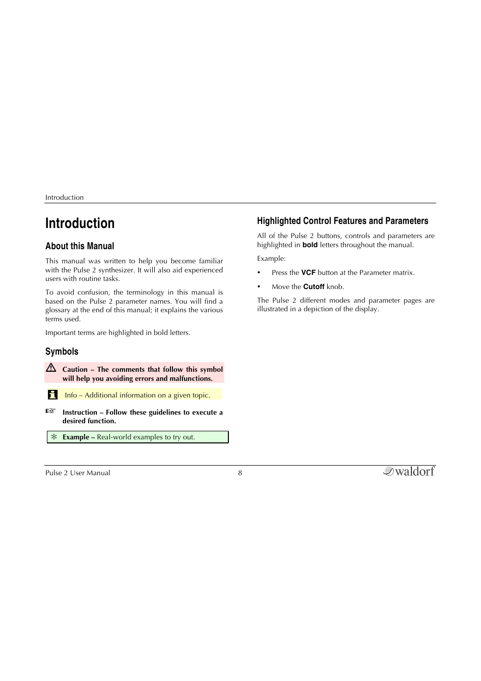 Introduction, About this manual, Symbols | Highlighted control features and parameters | Waldorf Pulse 2 User Manual | Page 8 / 73