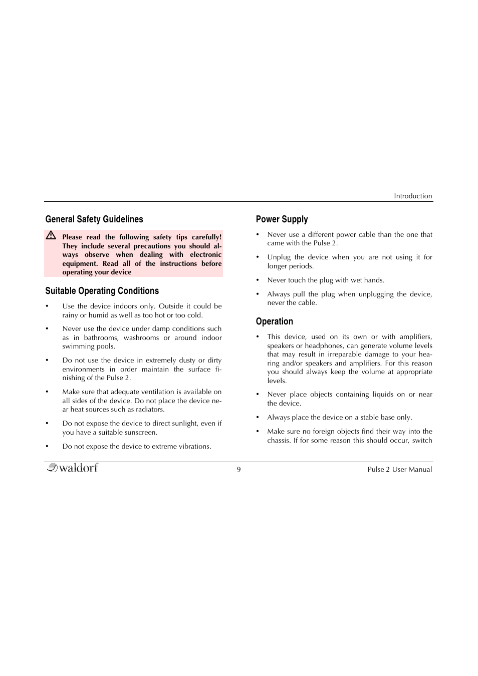 General safety guidelines, Suitable operating conditions, Power supply | Operation | Waldorf Pulse 2 User Manual | Page 9 / 73