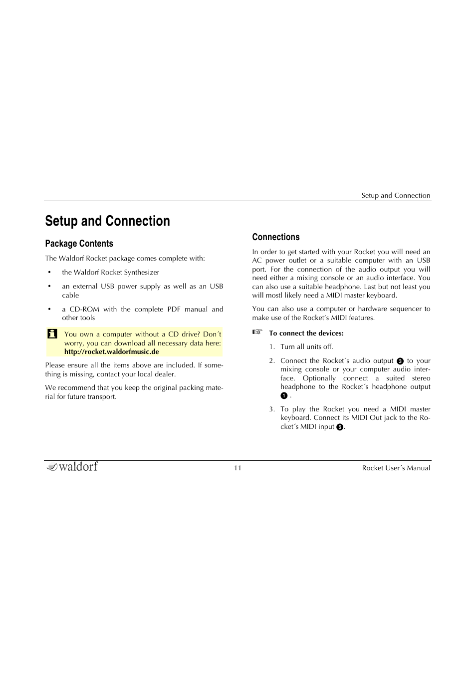 Setup and connection, Package contents, Connections | Waldorf Rocket User Manual | Page 11 / 45