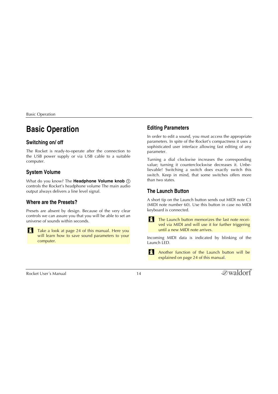 Basic operation, Switching on/ off, System volume | Where are the presets, Editing parameters, The launch button | Waldorf Rocket User Manual | Page 14 / 45