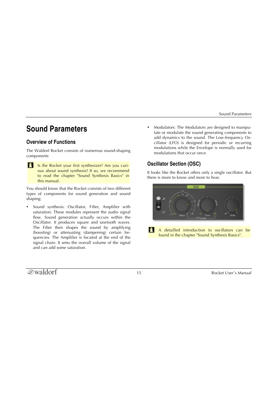 Sound parameters, Overview of functions, Oscillator section (osc) | Waldorf Rocket User Manual | Page 15 / 45
