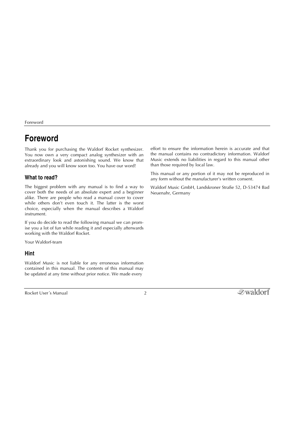 Foreword, What to read, Hint | Waldorf Rocket User Manual | Page 2 / 45