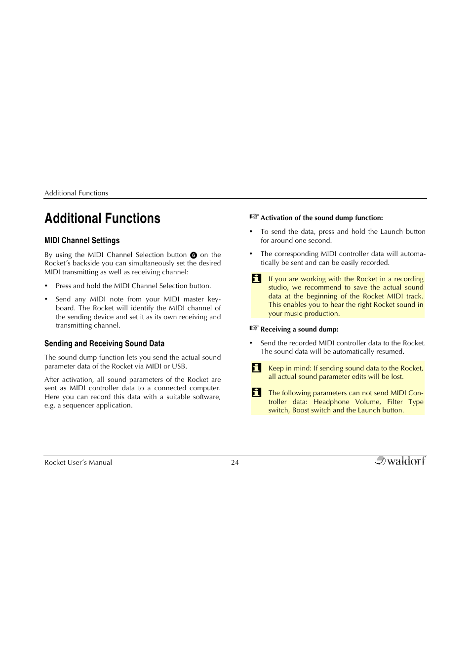 Additional functions, Midi channel settings, Sending and receiving sound data | Waldorf Rocket User Manual | Page 24 / 45