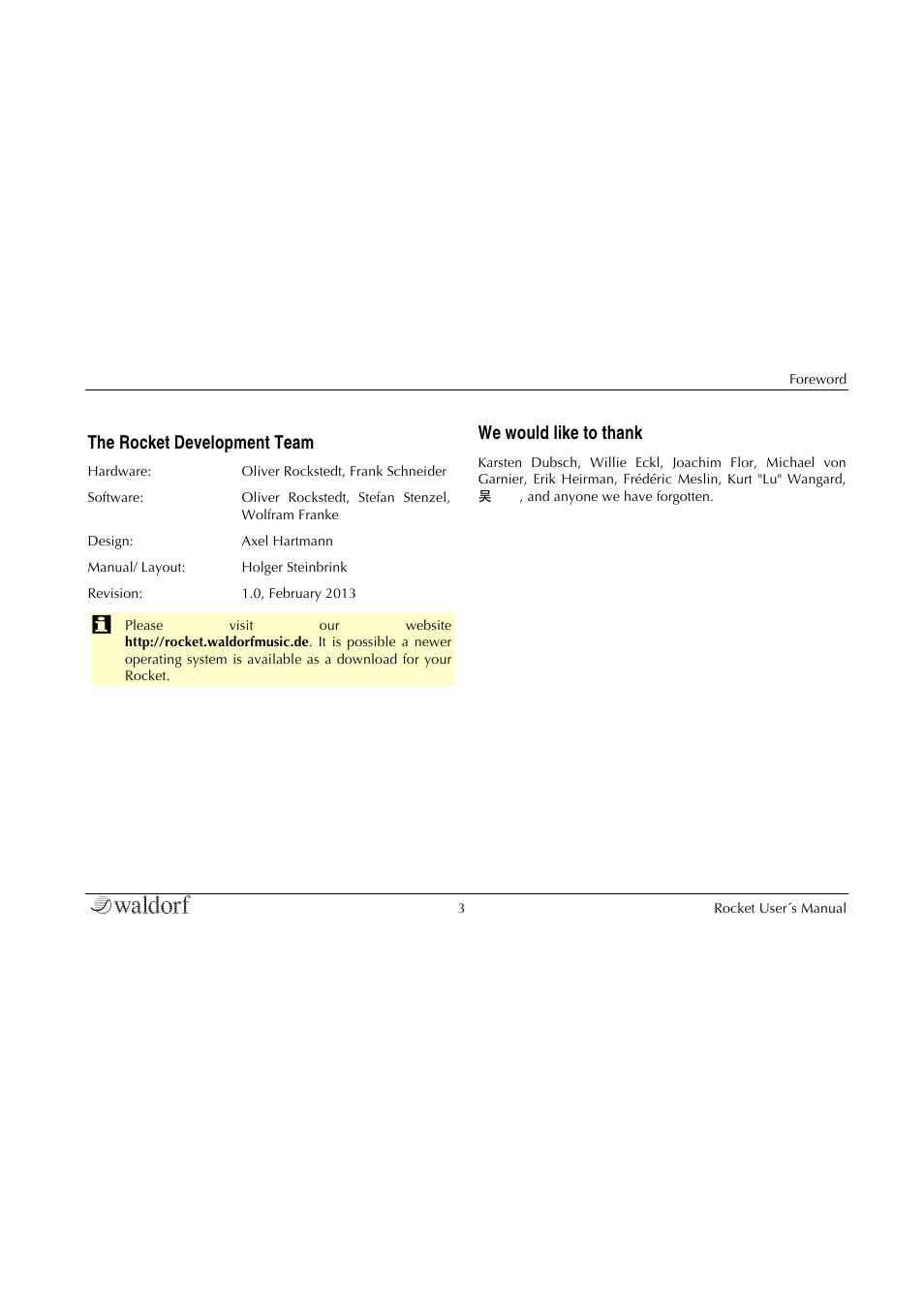 The rocket development team, We would like to thank | Waldorf Rocket User Manual | Page 3 / 45