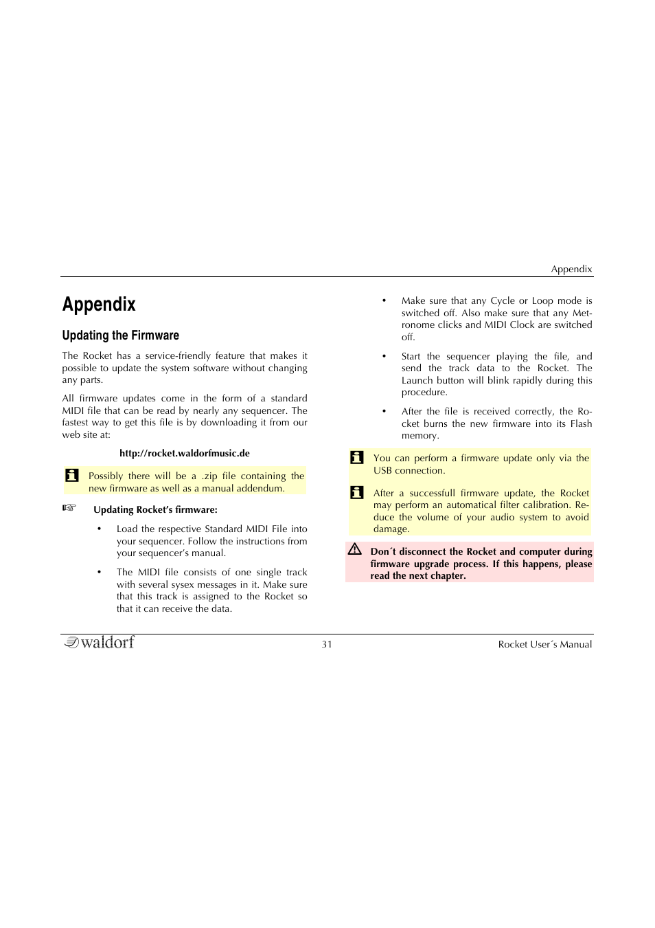 Appendix, Updating the firmware | Waldorf Rocket User Manual | Page 31 / 45