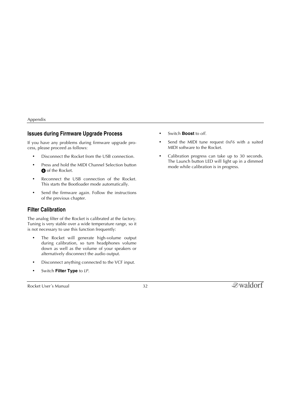 Issues during firmware upgrade process, Filter calibration, Technical data | Waldorf Rocket User Manual | Page 32 / 45