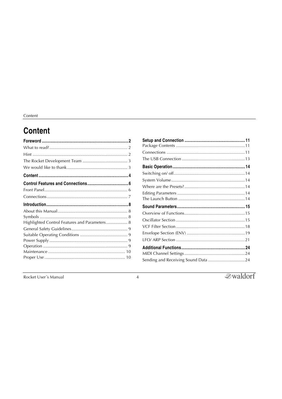 Content | Waldorf Rocket User Manual | Page 4 / 45