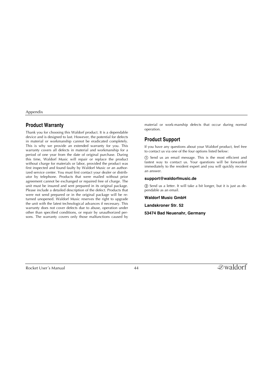 Product warranty, Product support | Waldorf Rocket User Manual | Page 44 / 45