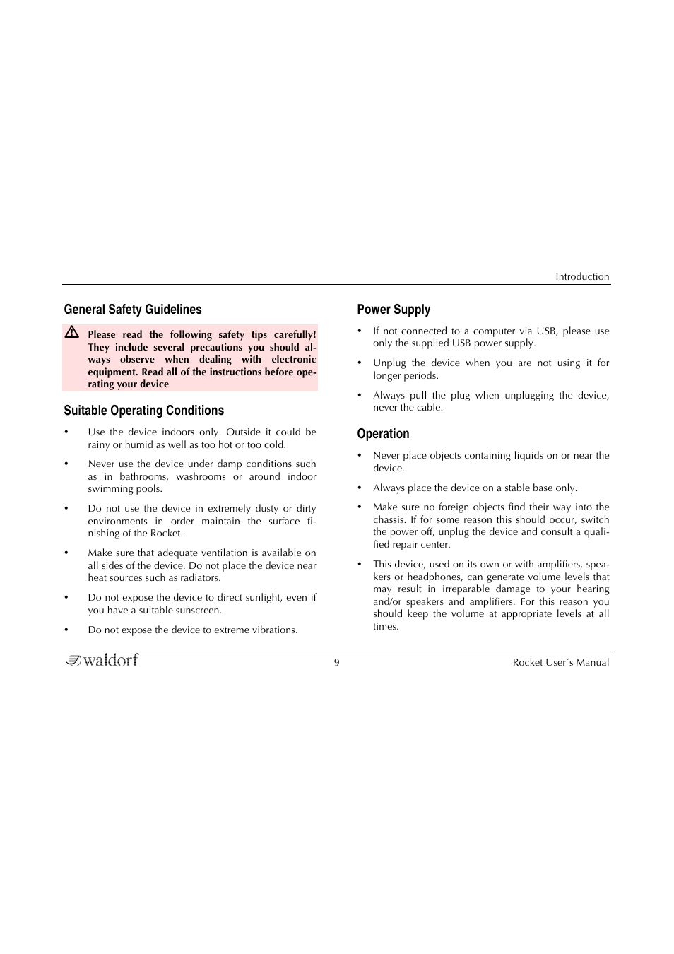 General safety guidelines, Suitable operating conditions, Power supply | Operation | Waldorf Rocket User Manual | Page 9 / 45