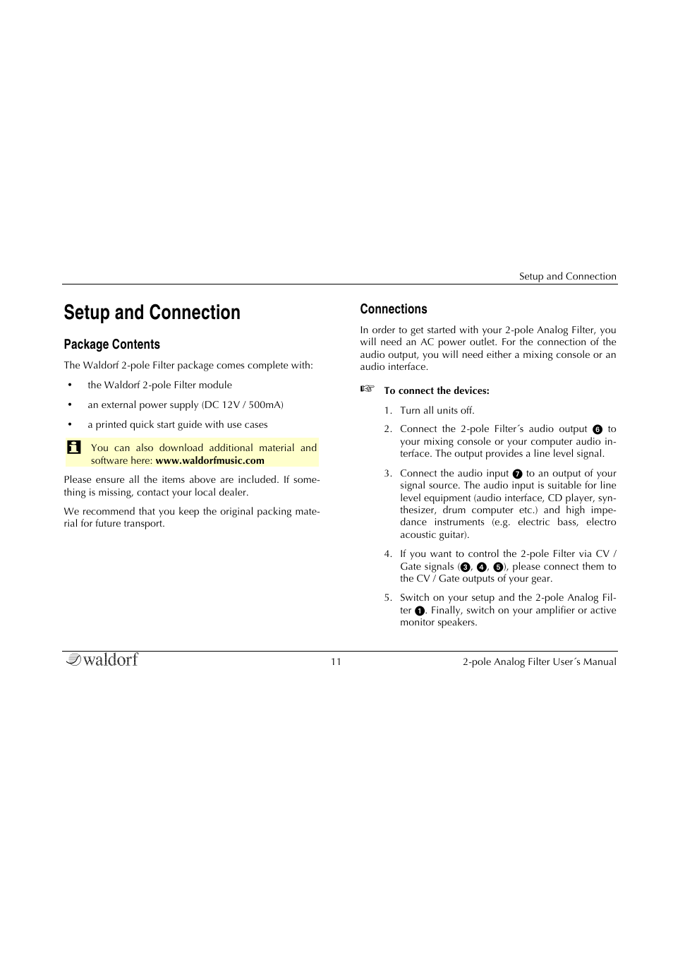 Setup and connection, Package contents, Connections | Waldorf 2-Pole User Manual | Page 11 / 36