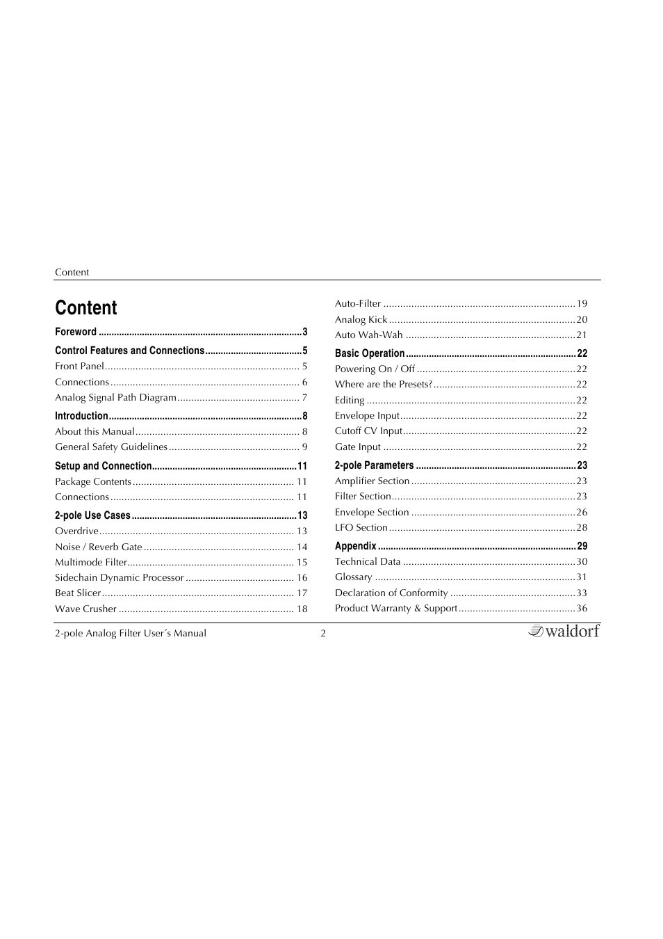 Content | Waldorf 2-Pole User Manual | Page 2 / 36