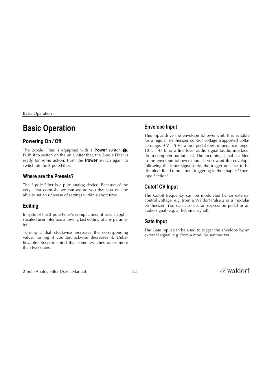 Basic operation, Powering on / off, Where are the presets | Editing, Envelope input, Cutoff cv input, Gate input | Waldorf 2-Pole User Manual | Page 22 / 36