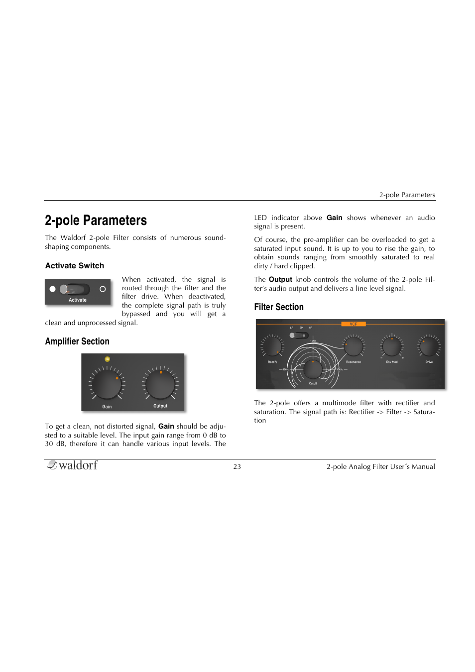 Pole parameters, Amplifier section, Filter section | Waldorf 2-Pole User Manual | Page 23 / 36