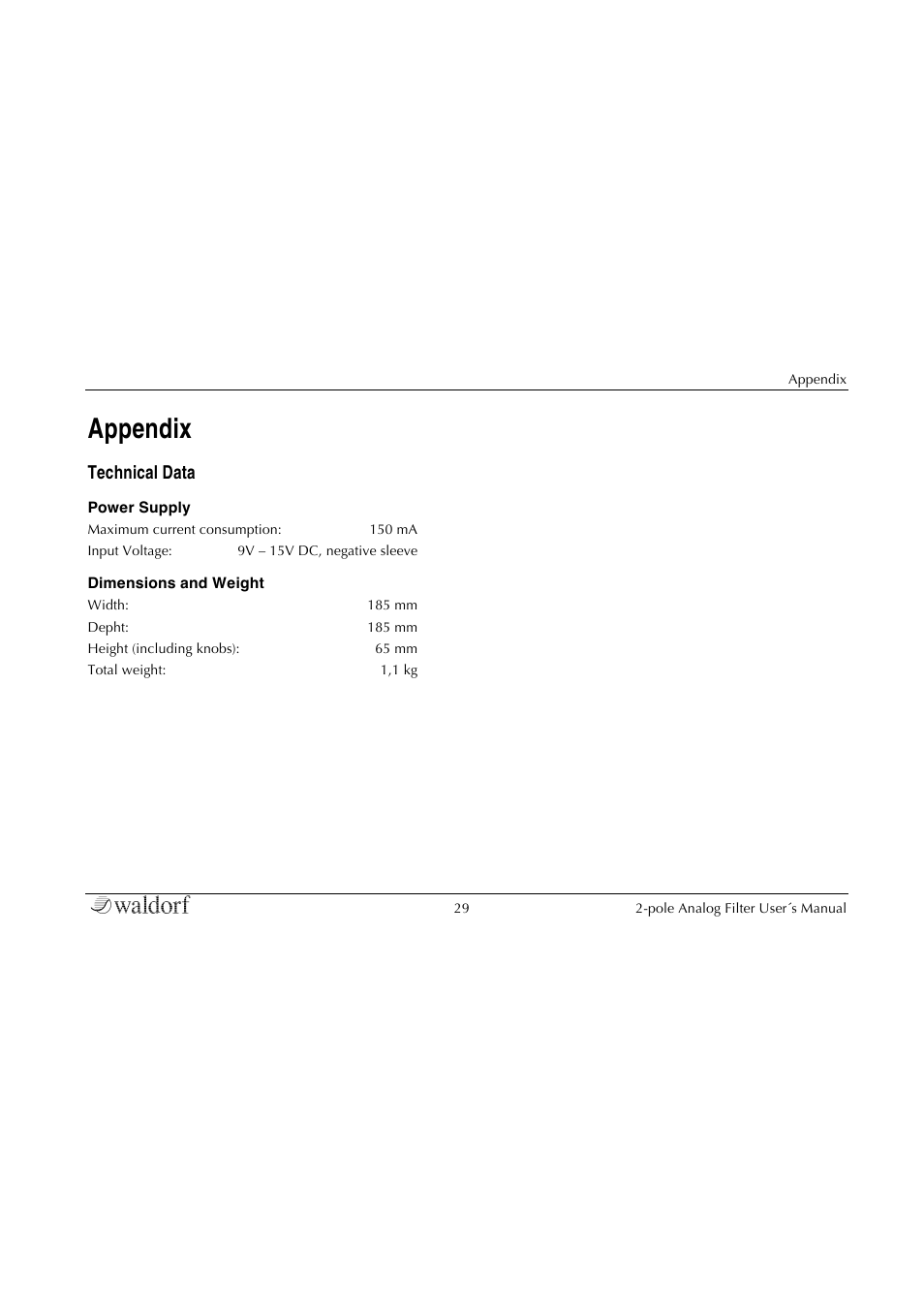 Appendix, Technical data | Waldorf 2-Pole User Manual | Page 29 / 36