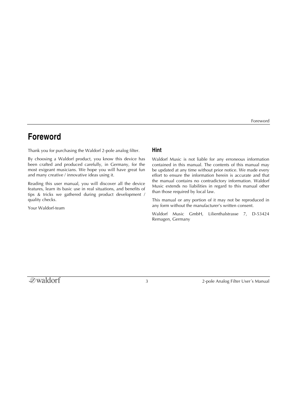Foreword, Hint | Waldorf 2-Pole User Manual | Page 3 / 36