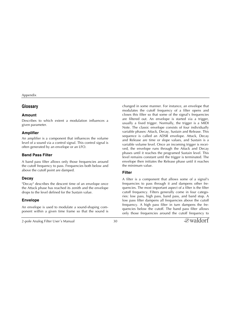 Glossary | Waldorf 2-Pole User Manual | Page 30 / 36