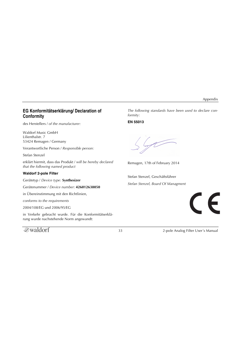 Declaration of conformity | Waldorf 2-Pole User Manual | Page 33 / 36