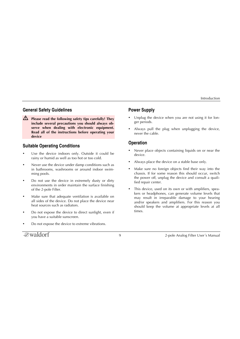 General safety guidelines, Suitable operating conditions, Power supply | Operation | Waldorf 2-Pole User Manual | Page 9 / 36
