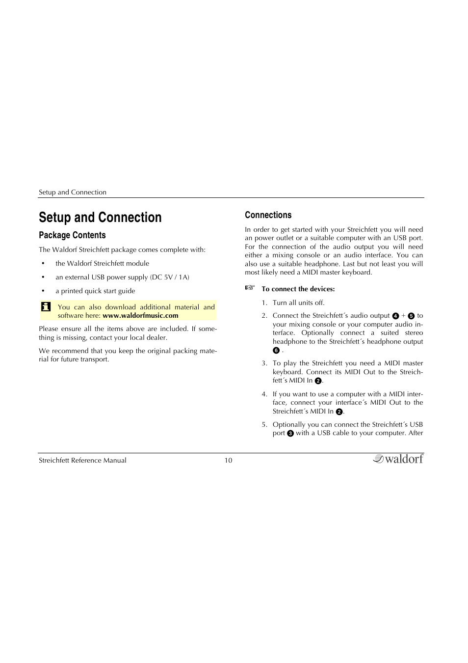 Setup and connection, Package contents, Connections | Waldorf Streichfett User Manual | Page 10 / 31