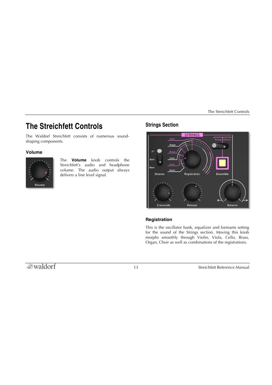 Volume, Strings section, The streichfett controls | Waldorf Streichfett User Manual | Page 13 / 31