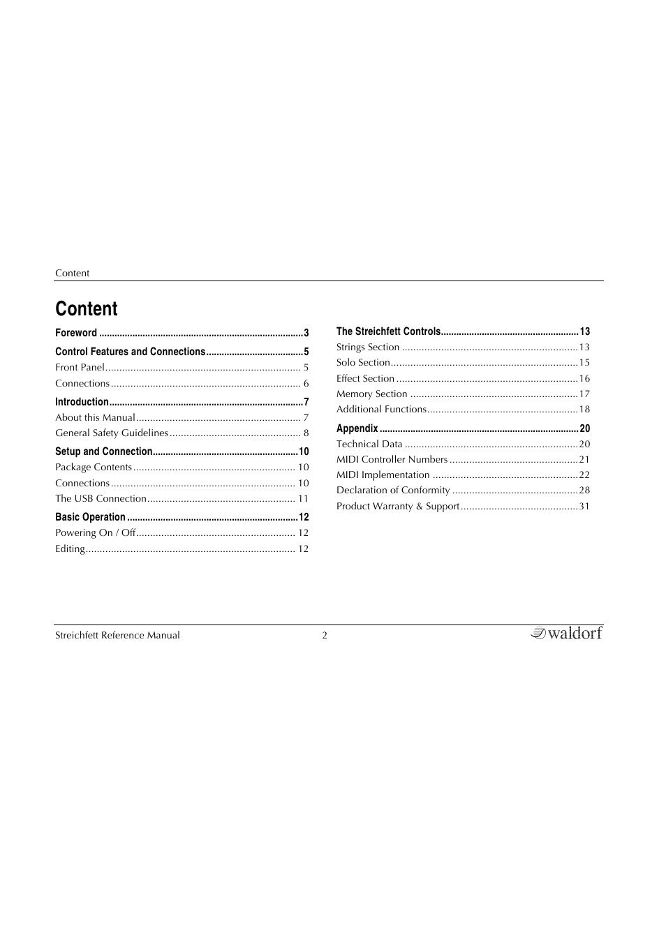 Content | Waldorf Streichfett User Manual | Page 2 / 31