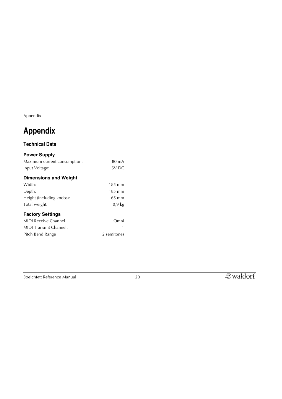 Appendix, Technical data, Midi controller numbers | Waldorf Streichfett User Manual | Page 20 / 31