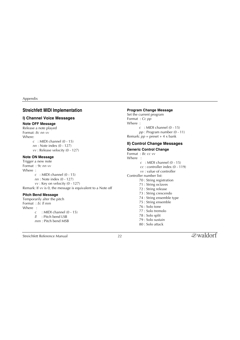 Streichfett midi implementation | Waldorf Streichfett User Manual | Page 22 / 31