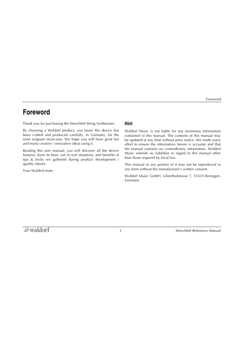 Foreword, The streichfett development team, Hint | Waldorf Streichfett User Manual | Page 3 / 31