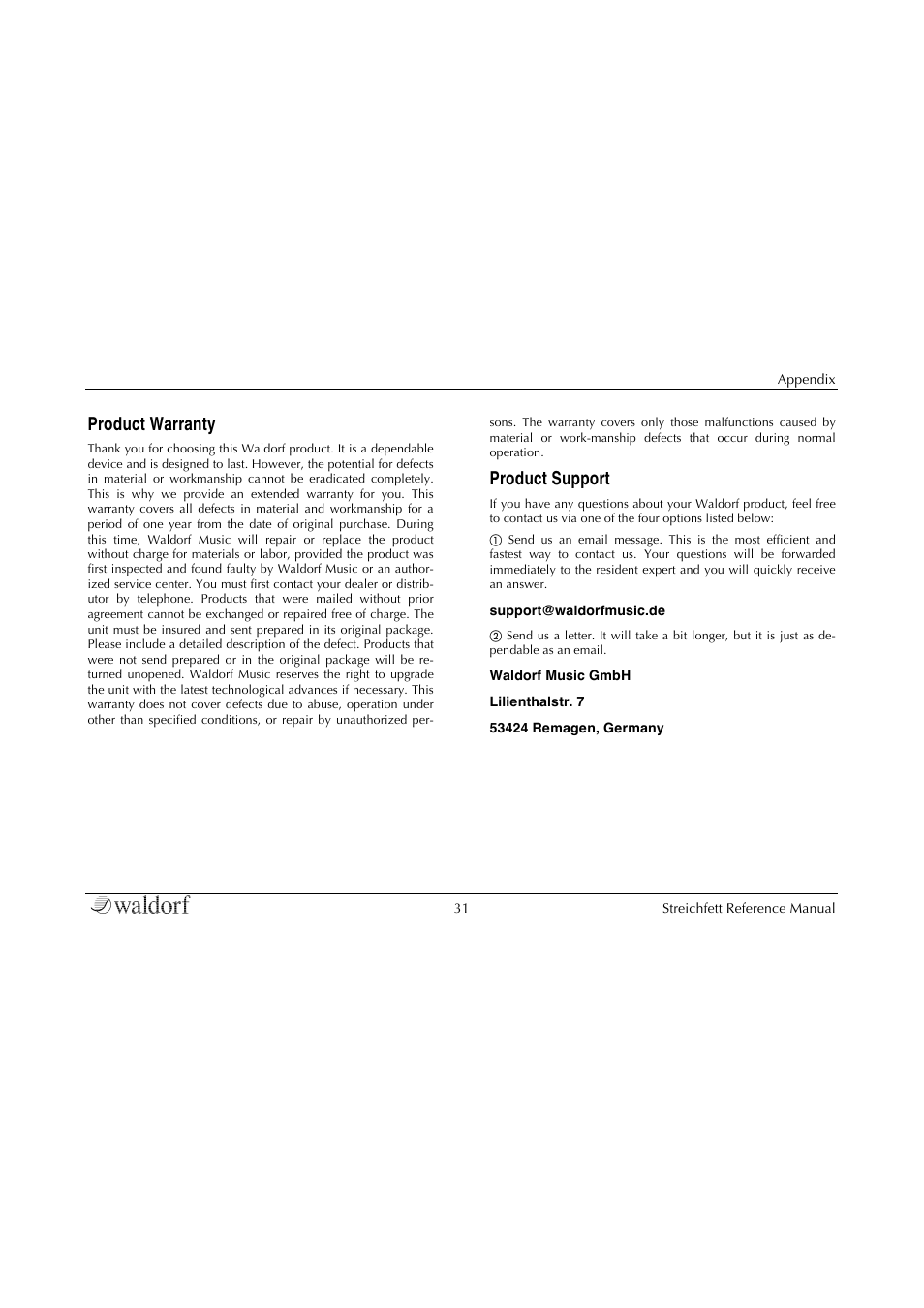 Product warranty, Product support | Waldorf Streichfett User Manual | Page 31 / 31