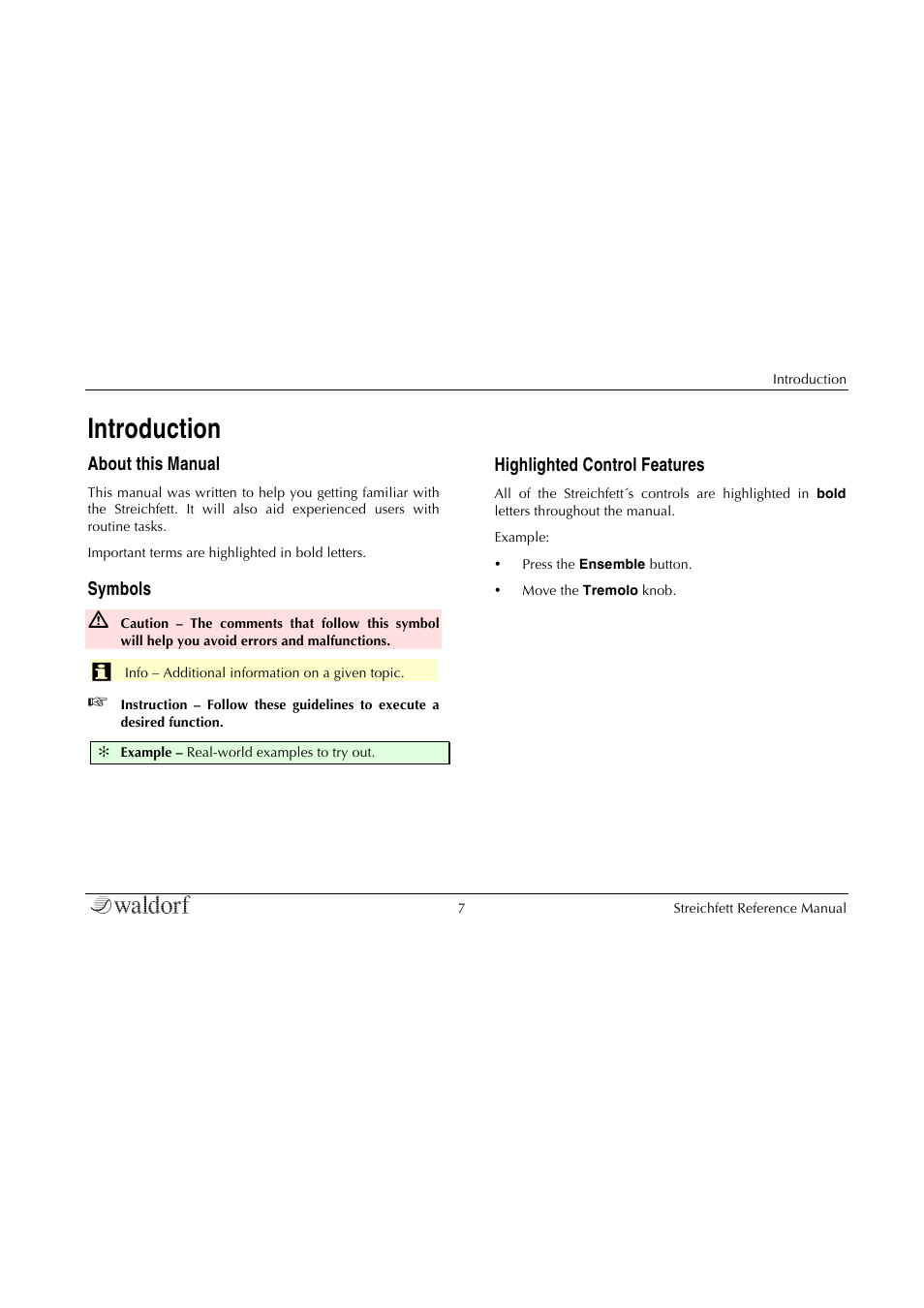 Introduction, About this manual, Symbols | Highlighted control features | Waldorf Streichfett User Manual | Page 7 / 31