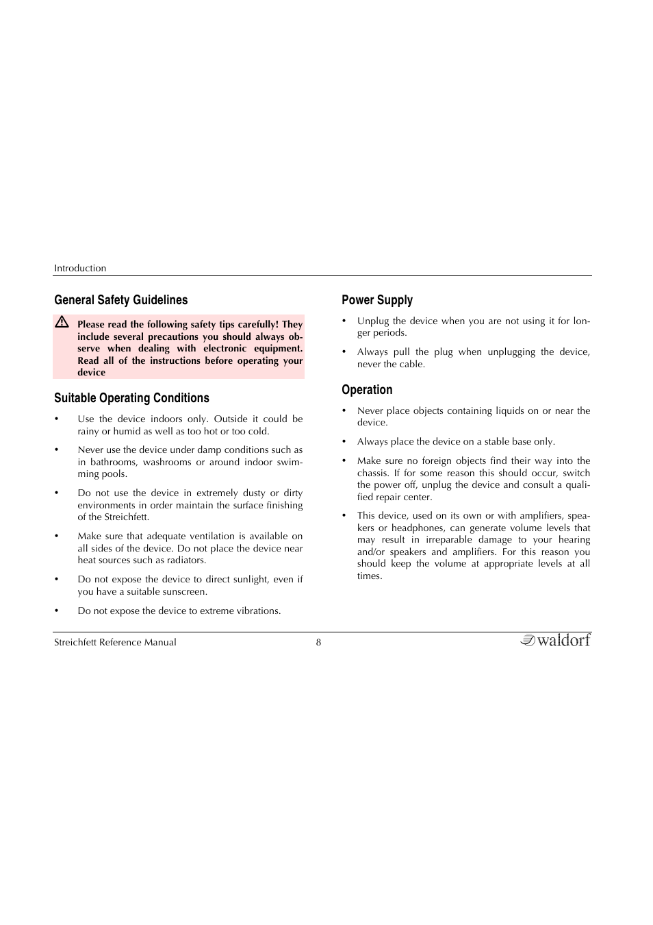 General safety guidelines, Suitable operating conditions, Power supply | Operation | Waldorf Streichfett User Manual | Page 8 / 31