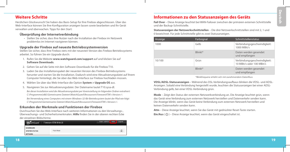 Weitere schritte, Informationen zu den statusanzeigen des geräts, Deu ts ch | WatchGuard T10-D User Manual | Page 10 / 19