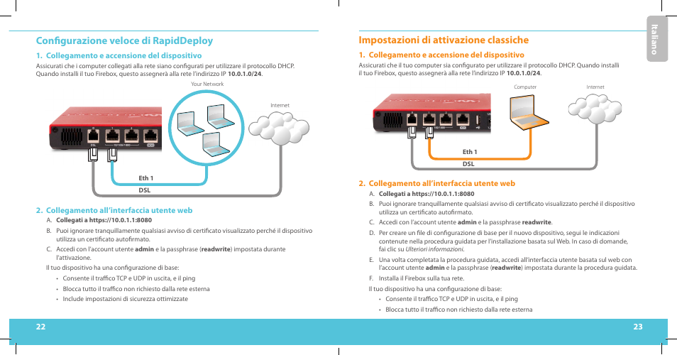 Configurazione veloce di rapiddeploy, Impostazioni di attivazione classiche, Ita liano | WatchGuard T10-D User Manual | Page 12 / 19