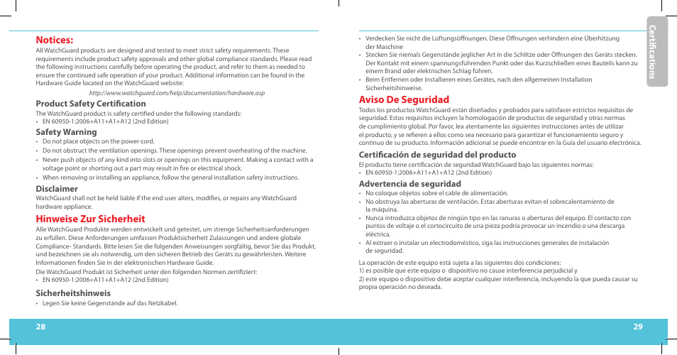 Aviso de seguridad, Notices, Hinweise zur sicherheit | WatchGuard T10-D User Manual | Page 15 / 19