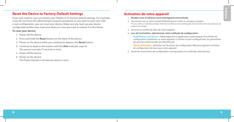 Reset the device to factory-default settings, Activation de votre appareil | WatchGuard T10-D User Manual | Page 5 / 19
