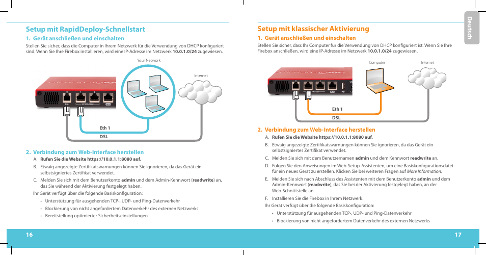 Setup mit rapiddeploy-schnellstart, Setup mit klassischer aktivierung, Deu ts ch | WatchGuard T10-D User Manual | Page 9 / 19