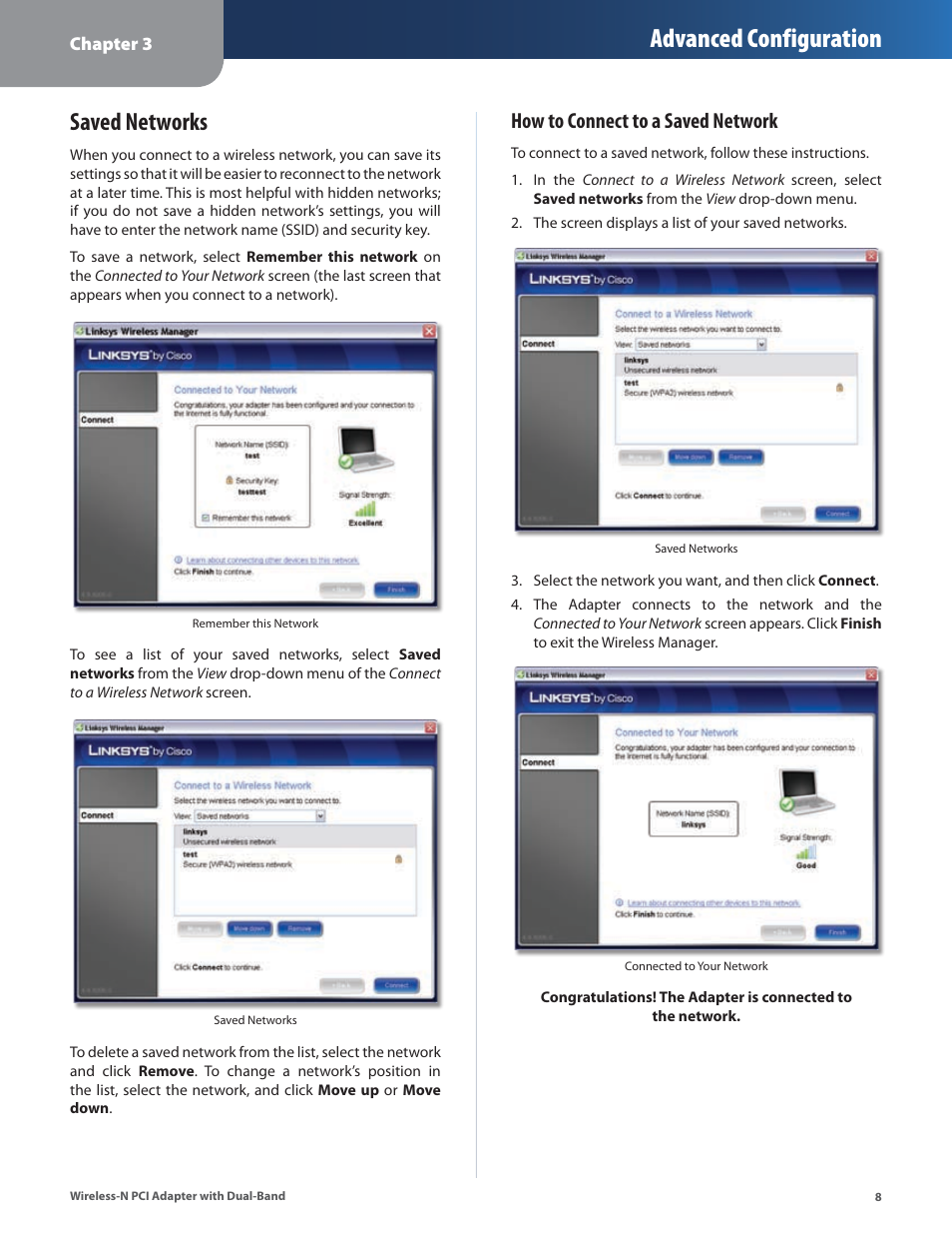 Saved networks, Advanced configuration, How to connect to a saved network | Cisco LINKSYS WMP600N User Manual | Page 11 / 37