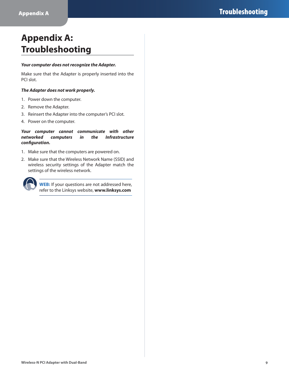 Appendix a: troubleshooting, Troubleshooting | Cisco LINKSYS WMP600N User Manual | Page 12 / 37