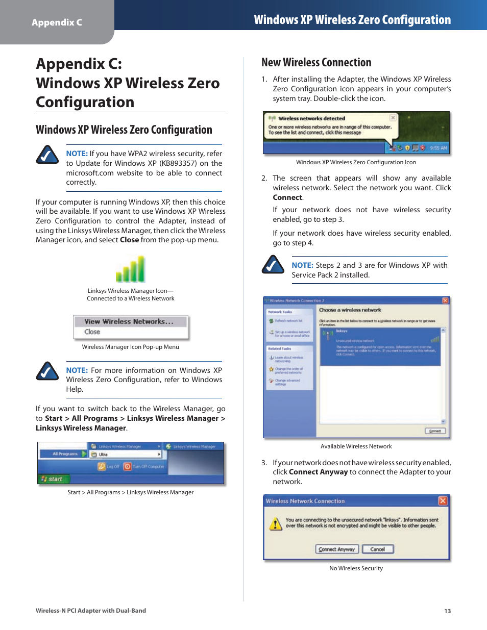 Appendix c: windows xp wireless zero configuration, Windows xp wireless zero configuration, New wireless connection | Cisco LINKSYS WMP600N User Manual | Page 16 / 37