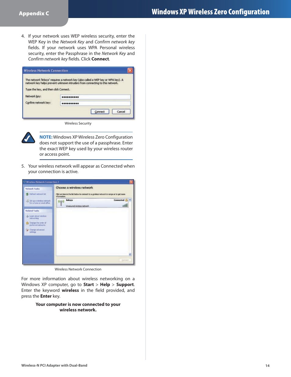 Windows xp wireless zero configuration | Cisco LINKSYS WMP600N User Manual | Page 17 / 37