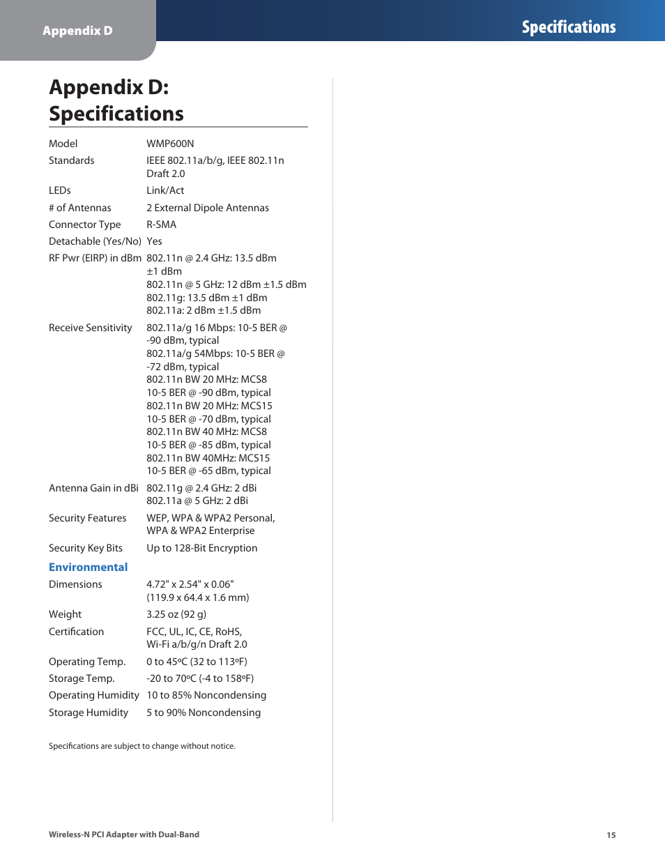 Appendix d: specifications, Specifications | Cisco LINKSYS WMP600N User Manual | Page 18 / 37