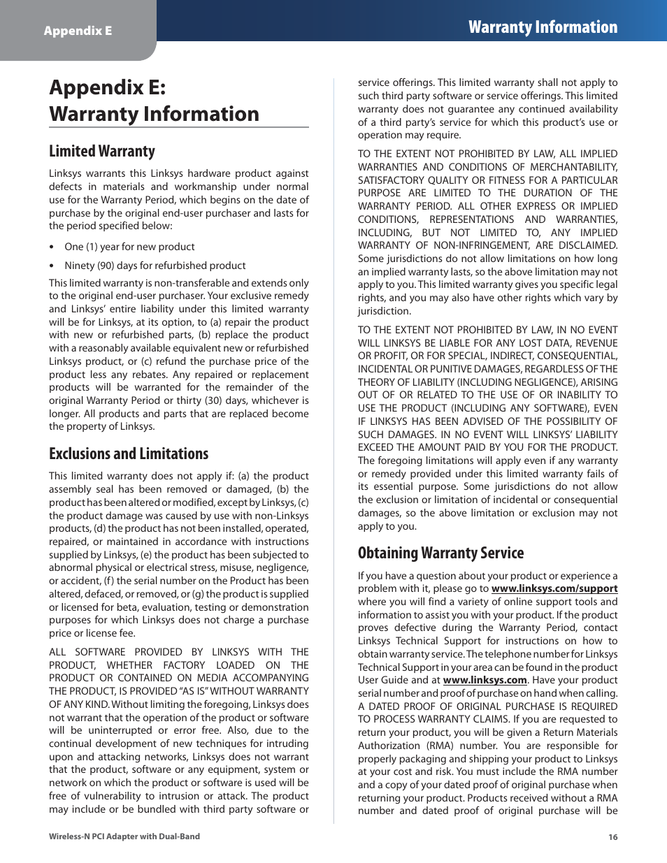 Appendix e: warranty information, Limited warranty, Exclusions and limitations | Obtaining warranty service, Warranty information | Cisco LINKSYS WMP600N User Manual | Page 19 / 37