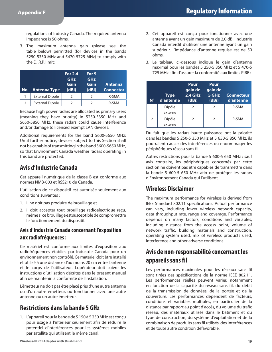 Avis d’industrie canada, Restrictions dans la bande 5 ghz, Wireless disclaimer | Regulatory information | Cisco LINKSYS WMP600N User Manual | Page 22 / 37