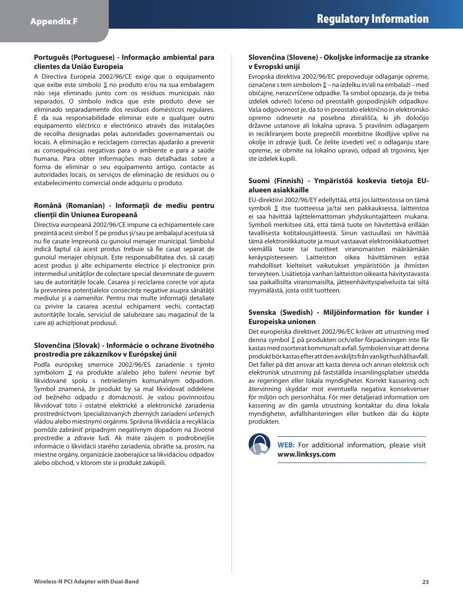 Regulatory information, Appendix f | Cisco LINKSYS WMP600N User Manual | Page 26 / 37