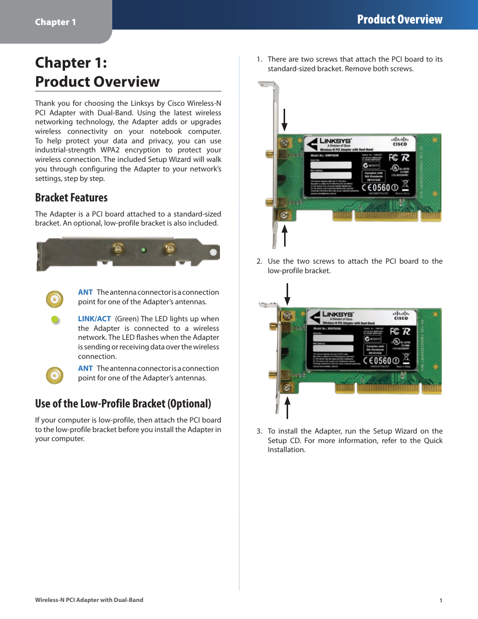 Chapter 1: product overview, Bracket features, Use of the low-profile bracket (optional) | Product overview | Cisco LINKSYS WMP600N User Manual | Page 4 / 37