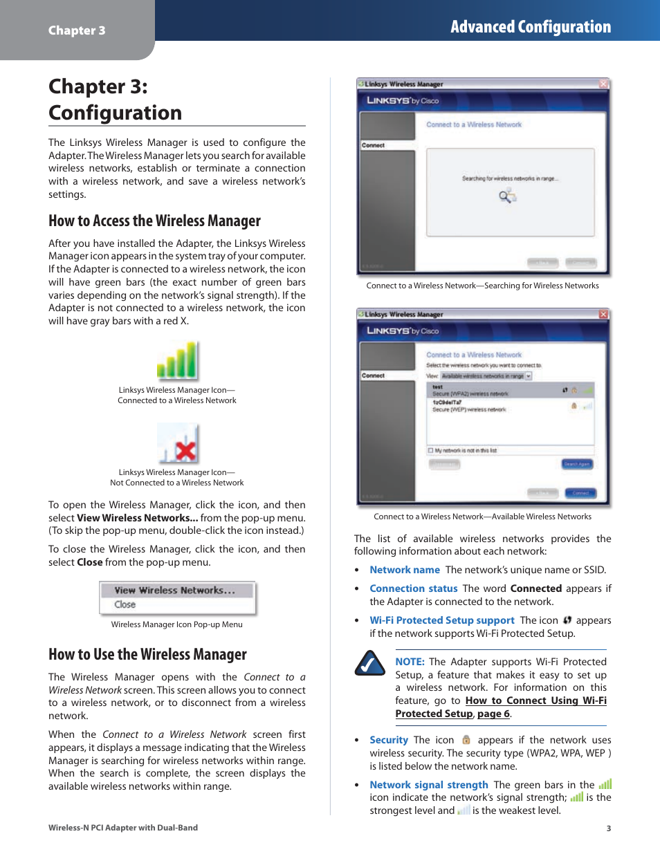 Chapter 3: configuration, How to access the wireless manager, How to use the wireless manager | Advanced configuration | Cisco LINKSYS WMP600N User Manual | Page 6 / 37